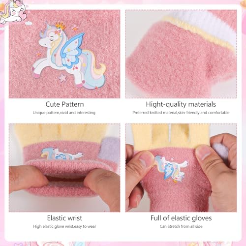 Jupsk 3 Pairs Girls Gloves Winter Knit Warm Stretch Fluffy Magic Glove Unicorn Mittens For Children Kids Toddler Ages 2-5 Years
