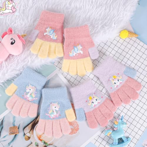 Jupsk 3 Pairs Girls Gloves Winter Knit Warm Stretch Fluffy Magic Glove Unicorn Mittens For Children Kids Toddler Ages 2-5 Years