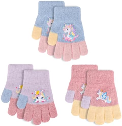Jupsk 3 Pairs Girls Gloves Winter Knit Warm Stretch Fluffy Magic Glove Unicorn Mittens for Children Kids Toddler Ages 2-5 Years