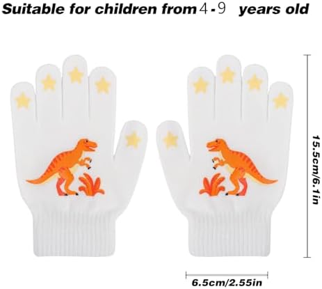 Jupsk Kids Boys Magic Gloves Dinosaurs Winter Knit Warm Full Finger Stretchy Gloves For Children 4-9 Years Old 6 Pairs