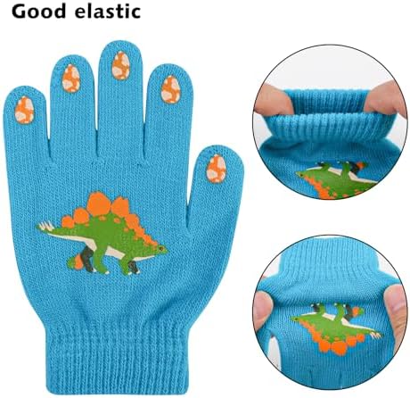 Jupsk Kids Boys Magic Gloves Dinosaurs Winter Knit Warm Full Finger Stretchy Gloves For Children 4-9 Years Old 6 Pairs