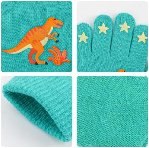Jupsk Kids Boys Magic Gloves Dinosaurs Winter Knit Warm Full Finger Stretchy Gloves For Children 4-9 Years Old 6 Pairs