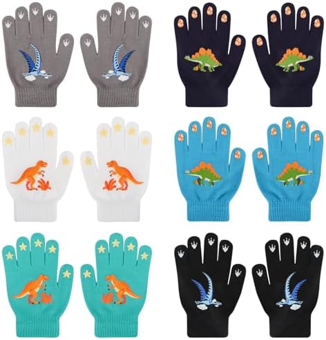 Jupsk Kids Boys Magic Gloves Dinosaurs Winter Knit Warm Full Finger Stretchy Gloves For Children 4-9 Years Old 6 Pairs