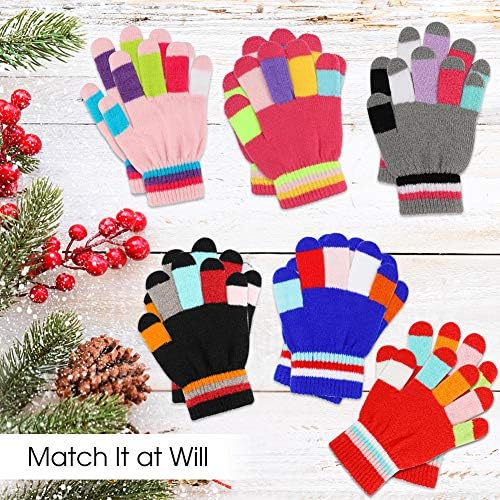 Jupsk Kids Gloves Winter Knitted Colorful Stripe Gloves Magic Full Finger Gloves Stretchy Warm Gloves For Boys And Girls Unisex 5-10 Years Old 6 Pairs
