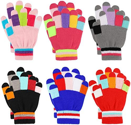 Jupsk Kids Gloves Winter Knitted Colorful Stripe Gloves Magic Full Finger Gloves Stretchy Warm Gloves for Boys and Girls Unisex 5-10 Years Old 6 Pairs