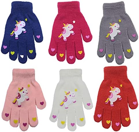 Jupsk Kids Winter Knitted Unicorn Gloves - Magic Full Finger Stretchy Warm Gloves for Boys & Girls Unisex 4-9 Years Old 6 Pairs