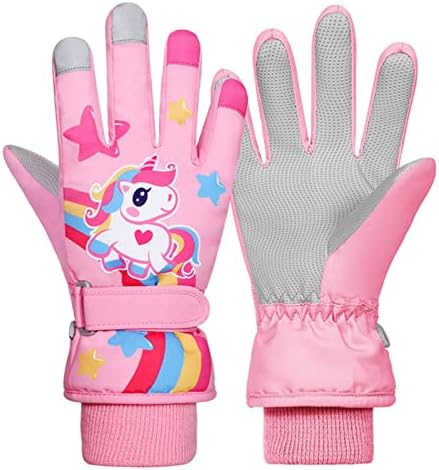 Jupsk Kids Winter Ski Gloves Waterproof Anti Slip Plush Thermal Snowboard Unicorn Gloves for Children Girls and Boys Age 2-9