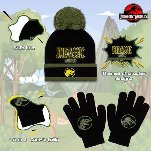 Jurassic World Boys Beanie Hat & Gloves Set – 100% Acrylic Winter Bobble Hat & Stretch Gloves – Dinosaur T-Rex Winter Accessories Set
