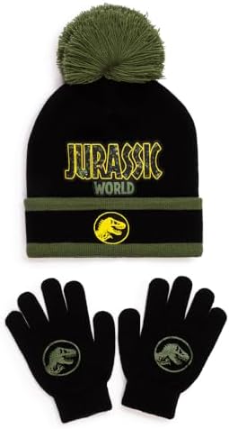Jurassic World Boys Beanie Hat & Gloves Set – 100% Acrylic Winter Bobble Hat & Stretch Gloves – Dinosaur T-Rex Winter Accessories Set