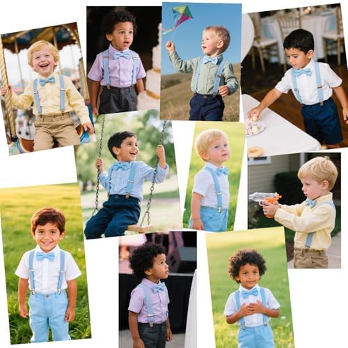 JZK Baby Blue Kids Bow Tie And Braces Set For Boys Under 135cm Adjustable Clip-on Y-shape Light Blue Suspenders With Bowtie For Little Kid Children For Wedding Party