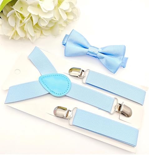 JZK Baby Blue Kids Bow Tie And Braces Set For Boys Under 135cm Adjustable Clip-on Y-shape Light Blue Suspenders With Bowtie For Little Kid Children For Wedding Party