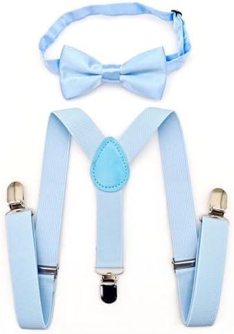 JZK Baby blue kids bow tie and braces set for boys under 135cm adjustable clip-on Y-shape light blue suspenders with bowtie for little kid children for wedding party
