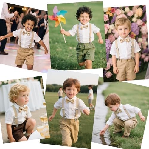 JZK Champagne Kids Bow Tie And Braces Set For Boys Under 135cm Adjustable Clip-on Y-shape Suspenders With Bowtie For Little Children Boys Girls For Wedding Party Beige