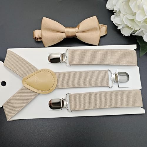 JZK Champagne Kids Bow Tie And Braces Set For Boys Under 135cm Adjustable Clip-on Y-shape Suspenders With Bowtie For Little Children Boys Girls For Wedding Party Beige
