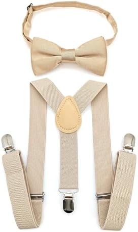 JZK Champagne kids bow tie and braces set for boys under 135cm adjustable clip-on Y-shape suspenders with bowtie for little children boys girls for wedding party beige