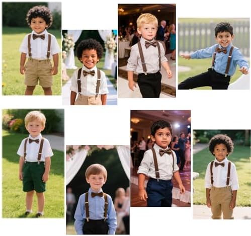 JZK Coffee Brown Kids Bow Tie And Braces Set For Boys Under 135cm Adjustable Clip-on Y-shape Suspenders With Bowtie For Little Kid Children For Wedding Party Fancy Dress