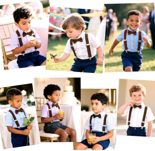 JZK Coffee Brown Kids Bow Tie And Braces Set For Boys Under 135cm Adjustable Clip-on Y-shape Suspenders With Bowtie For Little Kid Children For Wedding Party Fancy Dress