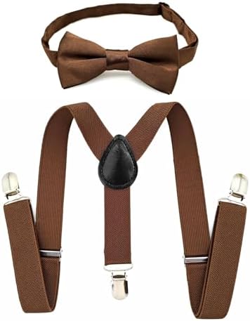 JZK Coffee brown kids bow tie and braces set for boys under 135cm adjustable clip-on Y-shape suspenders with bowtie for little kid children for wedding party fancy dress