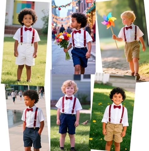 JZK Dark Red Kids Bow Tie And Braces Set For Boys Under 135cm Adjustable Clip-on Y-shape Suspenders With Bowtie For Little Boy Children For Wedding Party Fancy Dress
