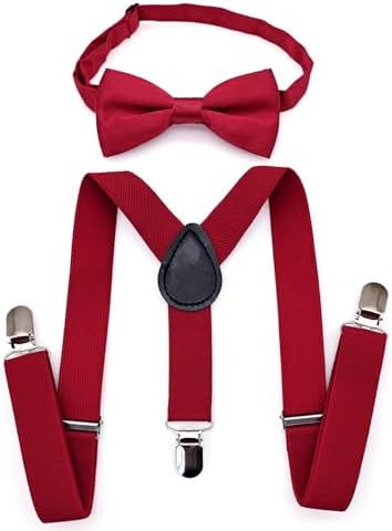 JZK Dark red kids bow tie and braces set for boys under 135cm adjustable clip-on Y-shape suspenders with bowtie for little boy children for wedding party fancy dress
