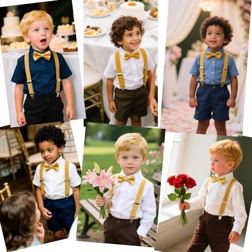 JZK Gold Kids Bow Tie And Braces Set For Boys Under 135cm Adjustable Clip-on Y-shape Suspenders With Bowtie For Little Children Boys Girls For Wedding Party Fancy Dress