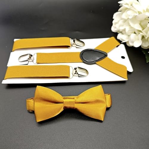 JZK Gold Kids Bow Tie And Braces Set For Boys Under 135cm Adjustable Clip-on Y-shape Suspenders With Bowtie For Little Children Boys Girls For Wedding Party Fancy Dress