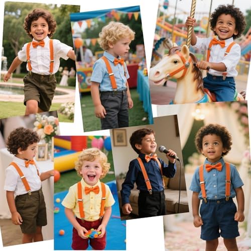 JZK Orange Kids Bow Tie And Braces Set For Boys Under 135cm Adjustable Clip-on Suspenders With Bowtie For Little Children Boys Girls For Wedding Party Fancy Dress Costume