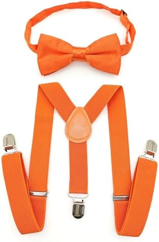 JZK Orange kids bow tie and braces set for boys under 135cm adjustable clip-on suspenders with bowtie for little children boys girls for wedding party fancy dress costume