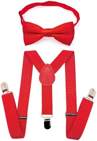 JZK Red kids bow tie and braces set for boys under 135cm adjustable clip-on Y-shape suspenders with bowtie for little children boys girls for wedding party fancy dress