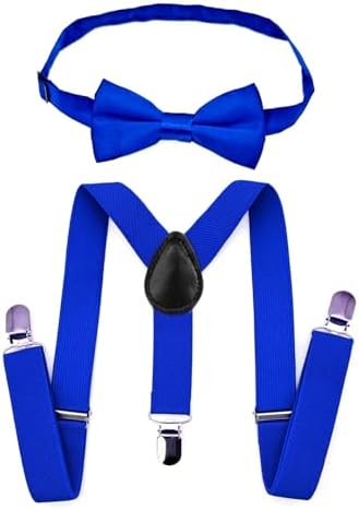 JZK Royal blue kids bow tie and braces set for boys under 135cm adjustable clip-on Y-shape suspenders with bowtie for little children boys girls for wedding party fancy dress