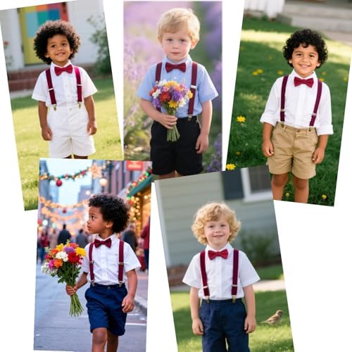 JZK Wine Red Kids Bow Tie And Braces Set For Boys Under 135cm Adjustable Clip-on Y-shape Suspenders With Bowtie For Little Boys Children For Wedding Party Fancy Dress
