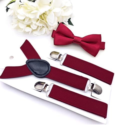 JZK Wine Red Kids Bow Tie And Braces Set For Boys Under 135cm Adjustable Clip-on Y-shape Suspenders With Bowtie For Little Boys Children For Wedding Party Fancy Dress