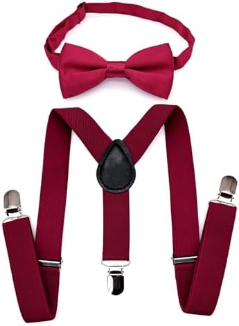 JZK Wine red kids bow tie and braces set for boys under 135cm adjustable clip-on Y-shape suspenders with bowtie for little boys children for wedding party fancy dress