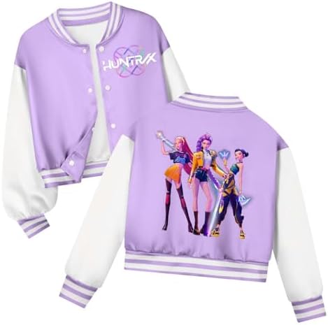 K-kpop D-Demon H-Hunters for Girls Boys Baseball Jacket Long Sleeve Oversized Sweatshirts with Pockets Anime Graphic Bomber Jacket Streetwear for School Students Hoodies Y2k Pullover Sweatshirt