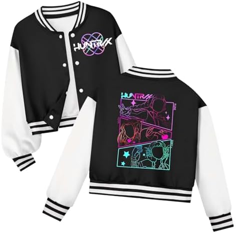 K-kpop D-Demon H-Hunters Girls Boys Baseball Jacket Cute Anime Film Character Prints Long Sleeve Oversized Sweatshirts With Pockets Anime Graphic Bomber Jacket Streetwear For Students Boys Girls