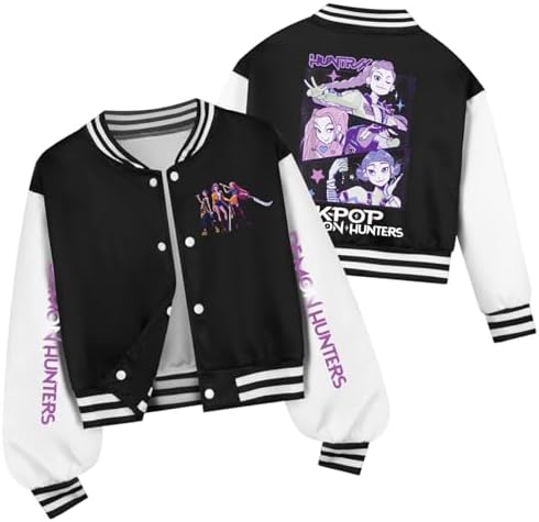 K pop Demons H-Hunters Girls Boys Baseball Jacket Cute Anime Film Character Prints Long Sleeve Oversized Sweatshirts with Pockets Anime Graphic Bomber Jacket Streetwear for Students Boys Girls