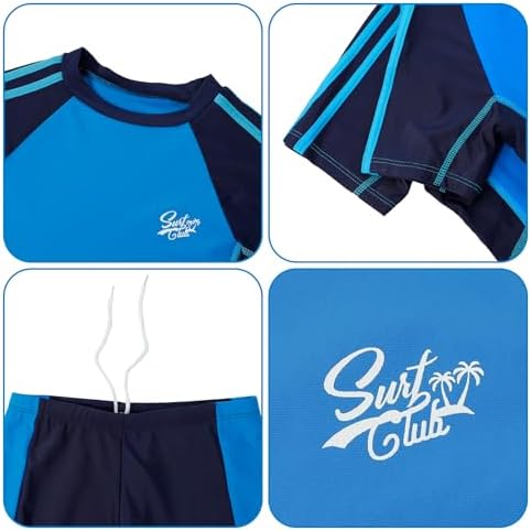 KAKU NANU 3 Pcs Boys Swimming Costume Swim Shorts Top Hat 5-14 Years Toddler Swimsuit Short Sleeve Rash Guard Tshirt