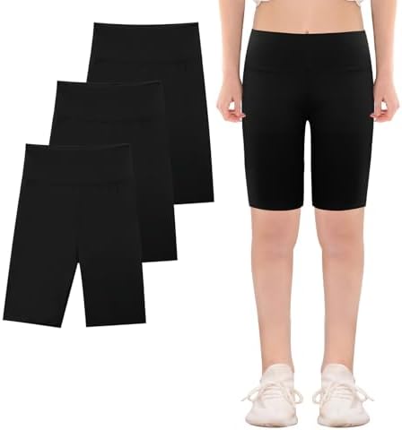 KAKU NANU 3pc Girls Shorts Cycling 5-13 Years Knee Length Under Dress Shorts Leggings Dance School P.E Gym Summer Black Grey Blue Pink