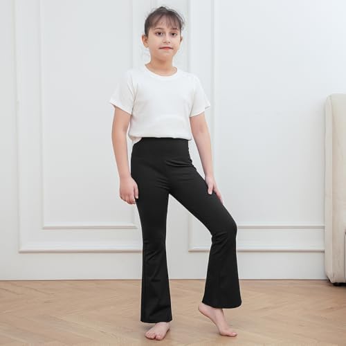KAKU NANU Girls Flared Leggings 2 Pcs 5-14 Years High Waisted Black Grey School Trousers Yoga Pants Sports Dance Joggers Leggings