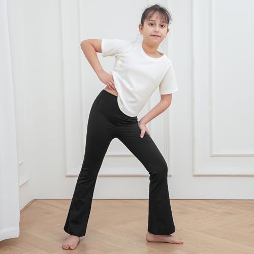 KAKU NANU Girls Flared Leggings 2 Pcs 5-14 Years High Waisted Black Grey School Trousers Yoga Pants Sports Dance Joggers Leggings