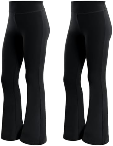KAKU NANU Girls Flared Leggings 2 Pcs 5-14 Years High Waisted Black Grey School Trousers Yoga Pants Sports Dance Joggers Leggings