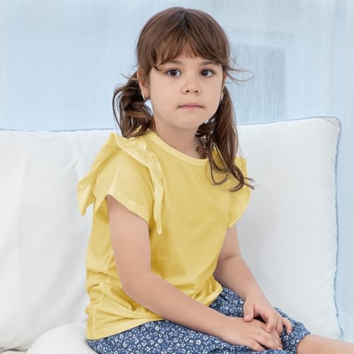 KAKU NANU Girls T-Shirt Plain Color Cotton 3-10 Years Kids Ruffle Short Sleeve Round Neck White Yellow Pink Blue Purple