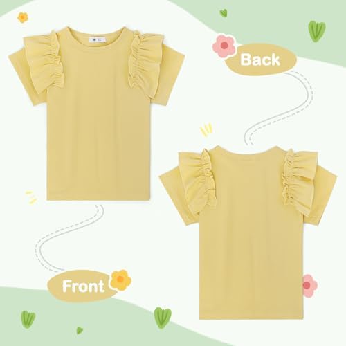 KAKU NANU Girls T-Shirt Plain Color Cotton 3-10 Years Kids Ruffle Short Sleeve Round Neck White Yellow Pink Blue Purple