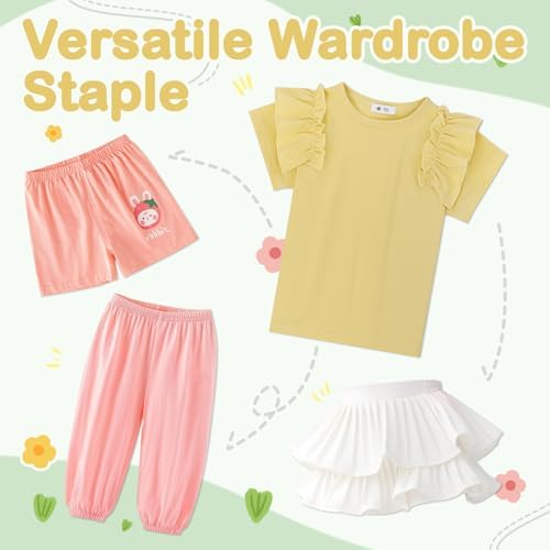 KAKU NANU Girls T-Shirt Plain Color Cotton 3-10 Years Kids Ruffle Short Sleeve Round Neck White Yellow Pink Blue Purple