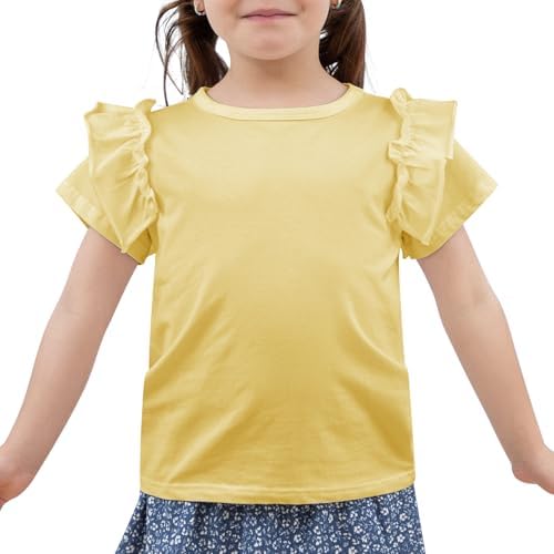 KAKU NANU Girls T-Shirt Plain Color Cotton 3-10 Years Kids Ruffle Short Sleeve Round Neck White Yellow Pink Blue Purple