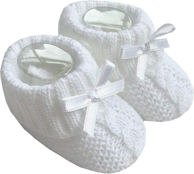 KAM LABELZ Newborn Baby Boys Girls 1 Pair Cute Acrylic Knitted Booties Soft Cable knit With Ribbon Bow 0-3 Months One Size