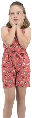 KAREE Girls' Cotton Playsuit Eco-Friendly Summer Outfit With Side Pockets & Wooden Button Adventure-Ready Kids Clothing (Red Age 6-7)
