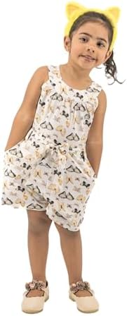 KAREE Girls' Cotton Playsuit Eco-Friendly Summer Outfit With Side Pockets & Wooden Button Adventure-Ready Kids Clothing (White Age 2-3)