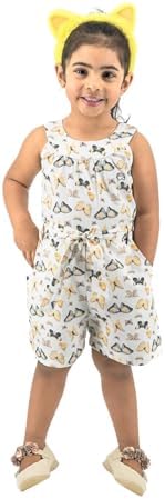 KAREE Girls' Cotton Playsuit Eco-Friendly Summer Outfit with Side Pockets & Wooden Button Adventure-Ready Kids Clothing (White Age 2-3)