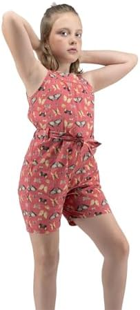 KAREE Girls' Cotton Playsuit Eco-Friendly Summer Outfit with Side Pockets & Wooden Button Adventure-Ready Kids Clothing (Red Age 6-7)